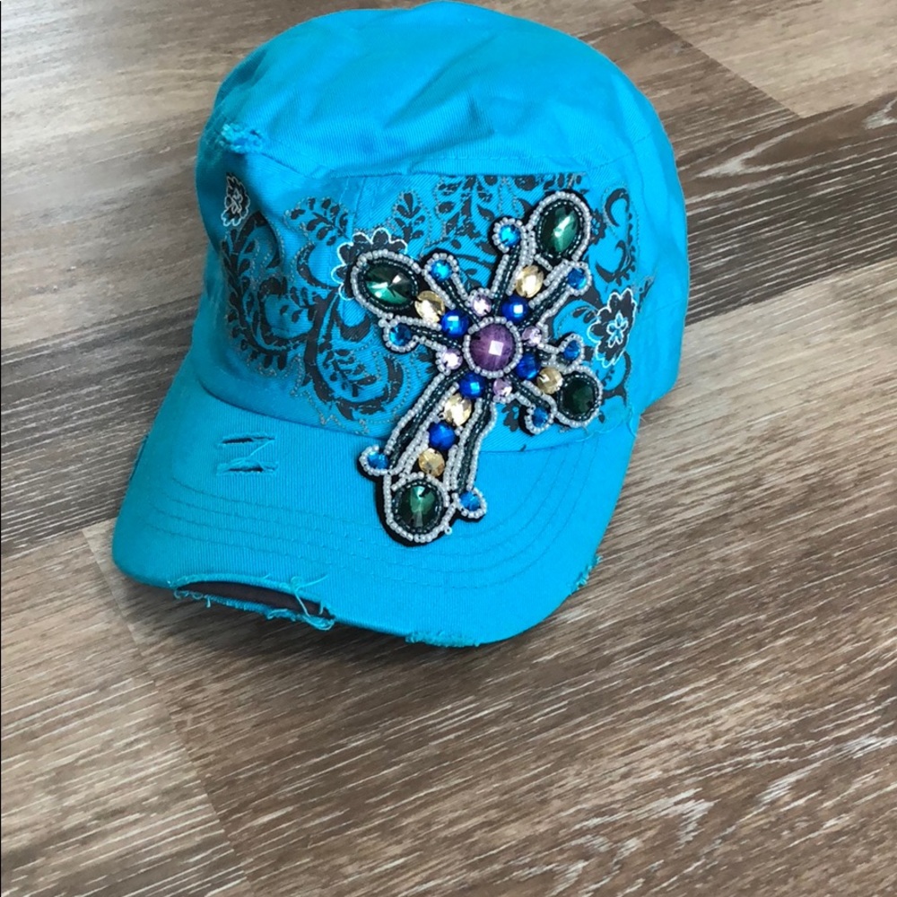 Aqua Cross Bejeweled Fashion Hat